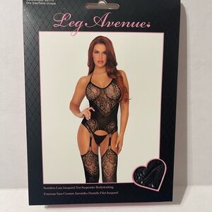 New Leg Avenue Black Lace Jacquard Suspender Bodystocking OS